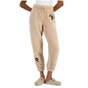 Crave Fame Womens Fleece Towel Patch Casual Jogger Pants, Beige, NWT